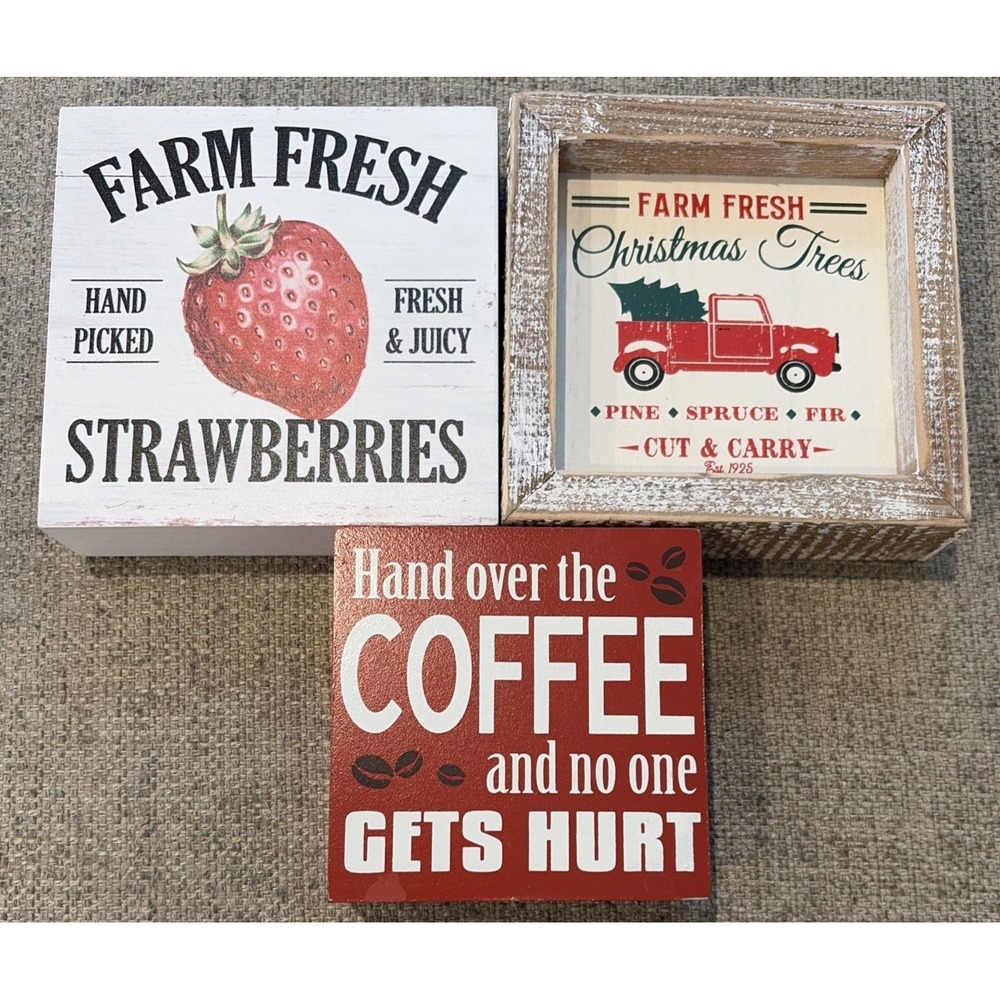 Wood Coffee Christmas & Strawberries Standing/Hanging Rustic Farm House Sign 6x6
